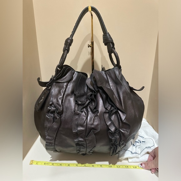 PRADA Nappa Mordore Leather Brown Ruffle Bag - Picture 9 of 13
